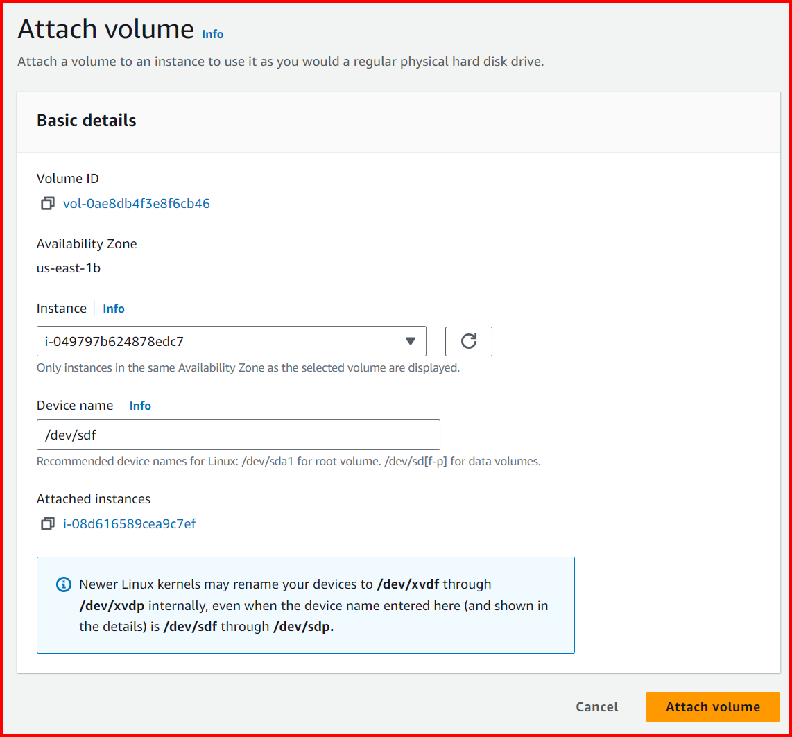 Picture showing the popup window for attaching the second EC2 instance with the multi-attached volume